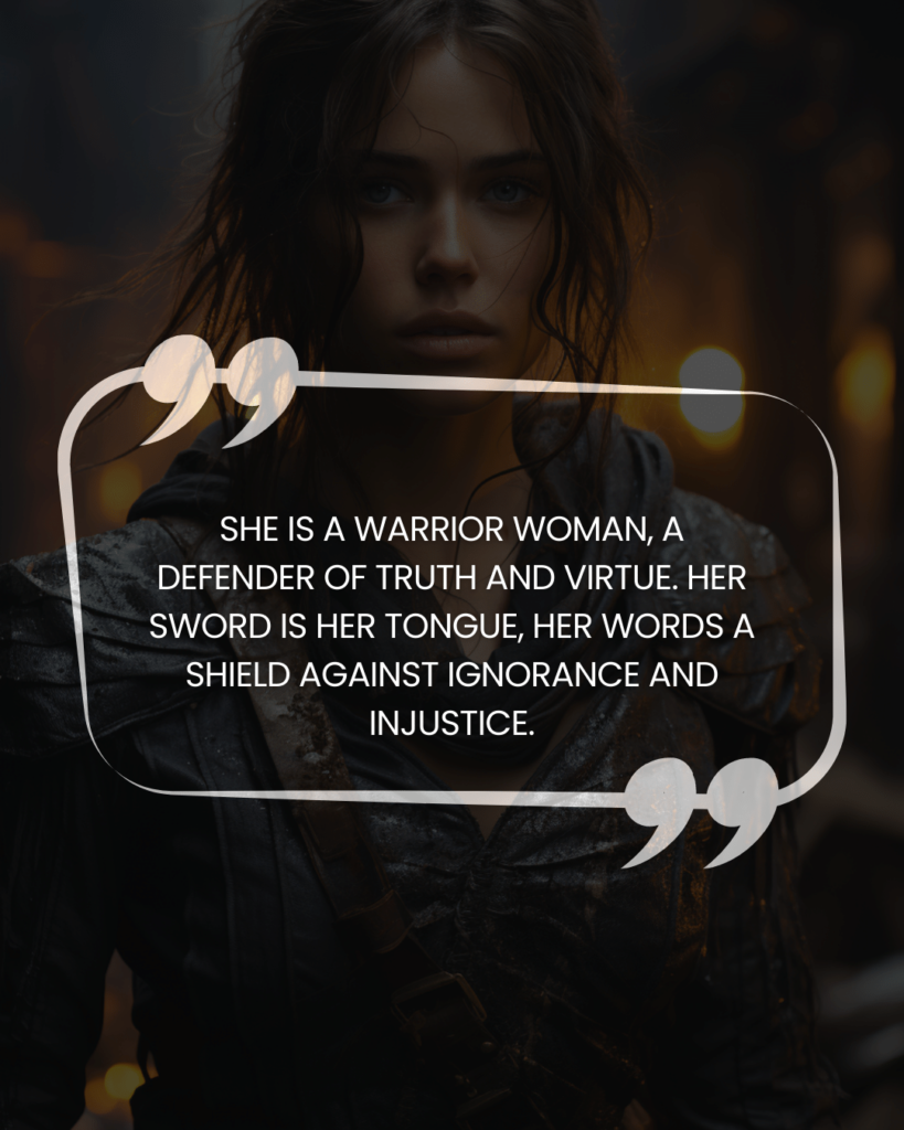 "She is a warrior woman, a defender of truth and virtue. Her sword is her tongue, her words a shield against ignorance and injustice."
